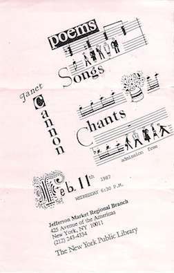 Janet Cannon Poetry Reading, NYC Public Library, Jefferson Market Branch, NYC,NY, 1987